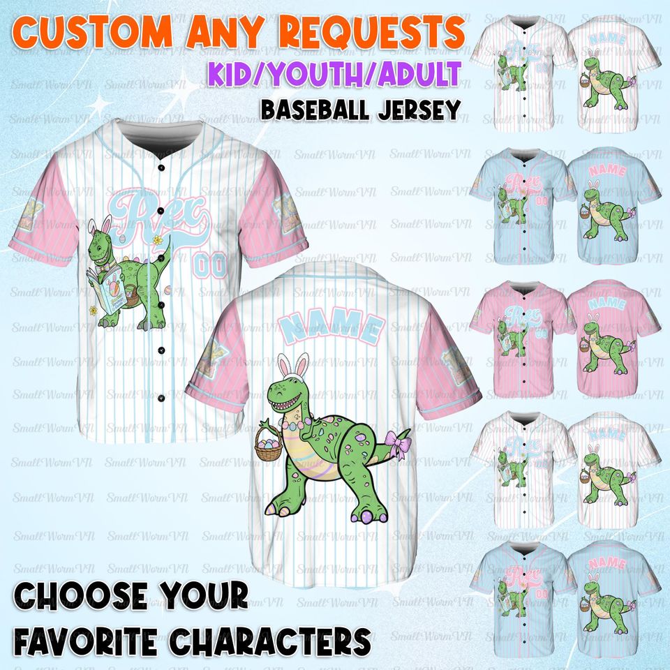 Personalized Rex Easter Baseball Jersey, Toy Story Rex Dinosaur Jersey, Rex Dinosaur Easter Basket Shirt, Disney Happy Easter Day Jersey