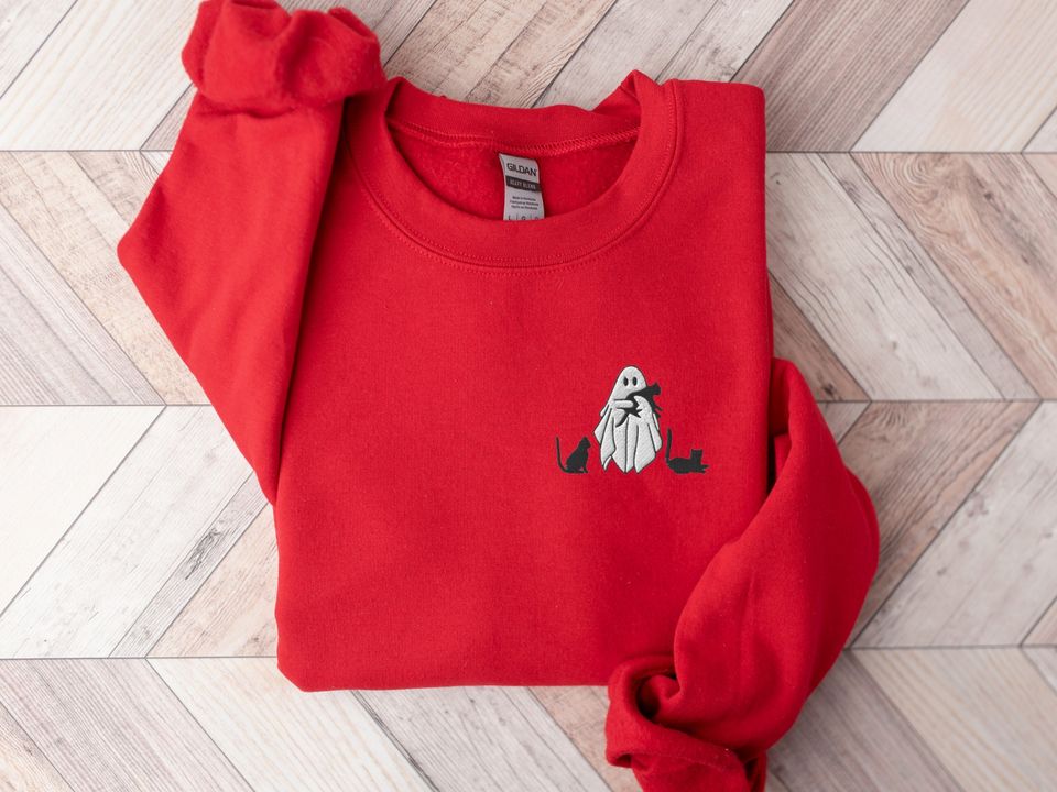 Embroidered Ghost Sweatshirt, Halloween Sweatshirt, Black Cat