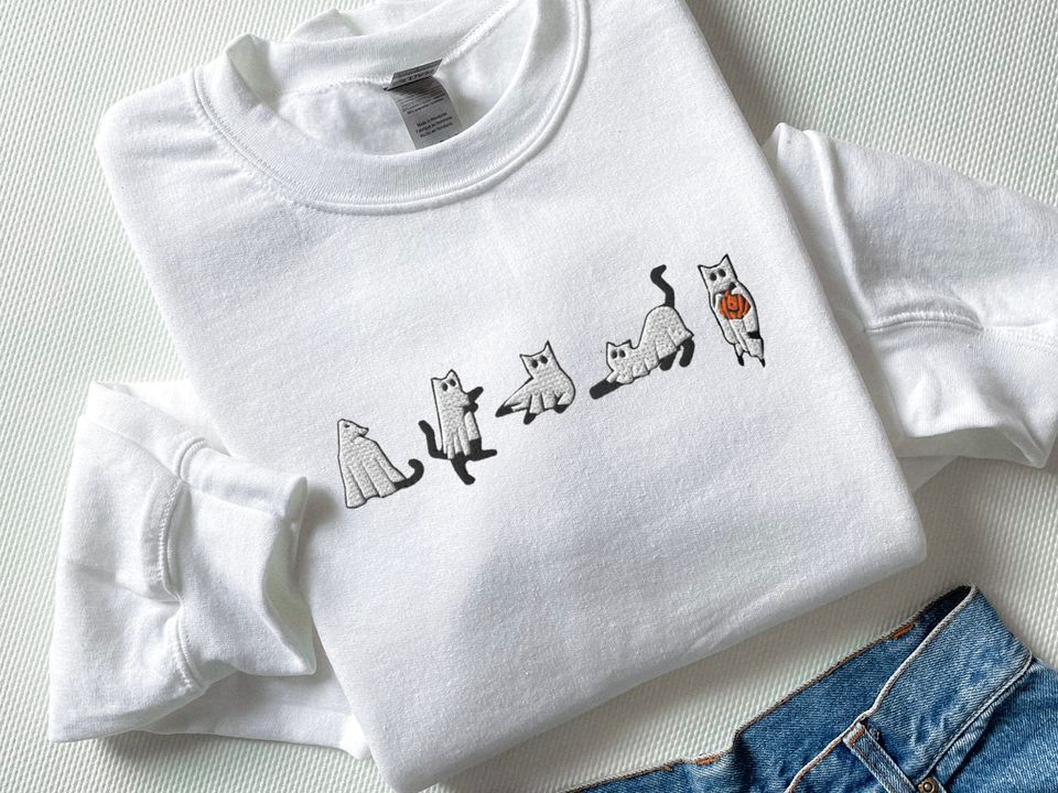 Embroidered Cat Halloween Sweatshirt, Ghost Cat Shirt, Halloween Sweater