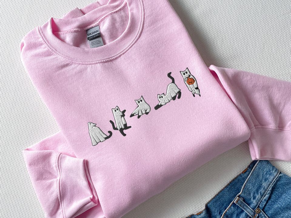 Embroidered Cat Halloween Sweatshirt, Ghost Cat Shirt, Halloween Sweater