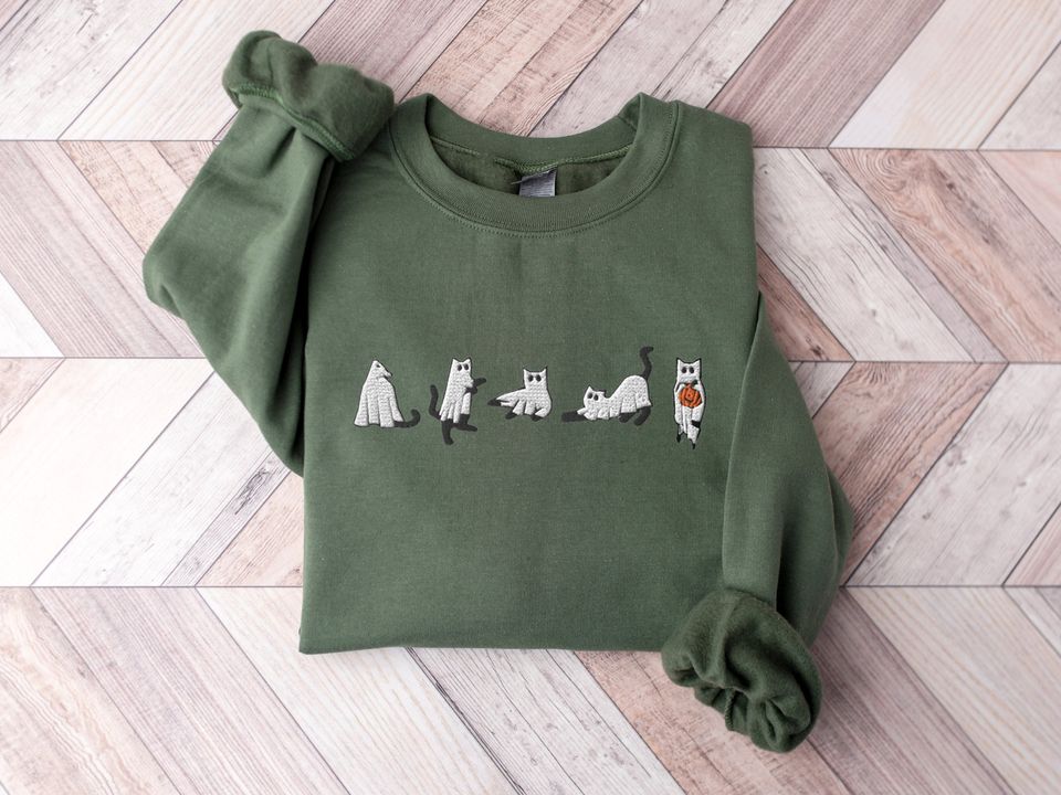 Embroidered Cat Halloween Sweatshirt, Ghost Cat Shirt, Halloween Sweater