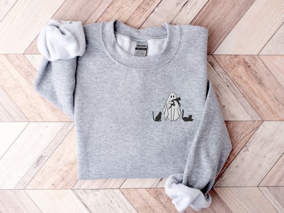 Embroidered Ghost Sweatshirt, Halloween Sweatshirt, Black Cat