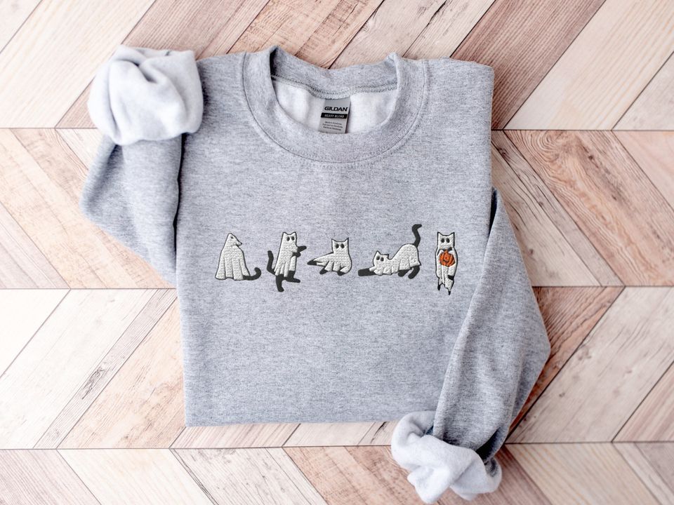 Embroidered Cat Halloween Sweatshirt, Ghost Cat Shirt, Halloween Sweater
