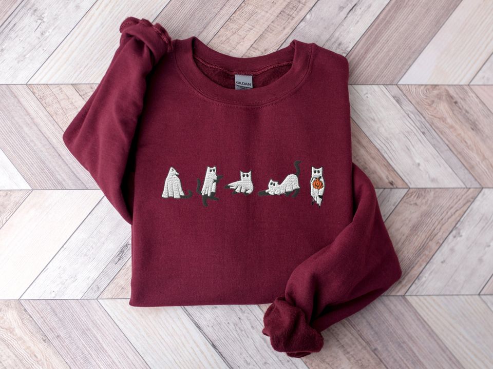Embroidered Cat Halloween Sweatshirt, Ghost Cat Shirt, Halloween Sweater