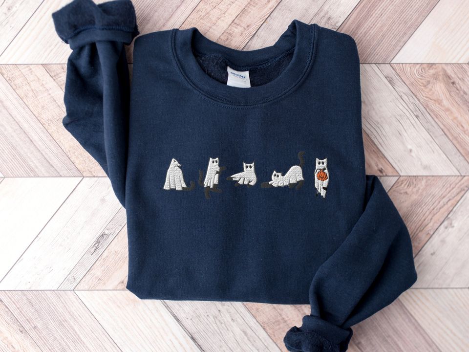 Embroidered Cat Halloween Sweatshirt, Ghost Cat Shirt, Halloween Sweater