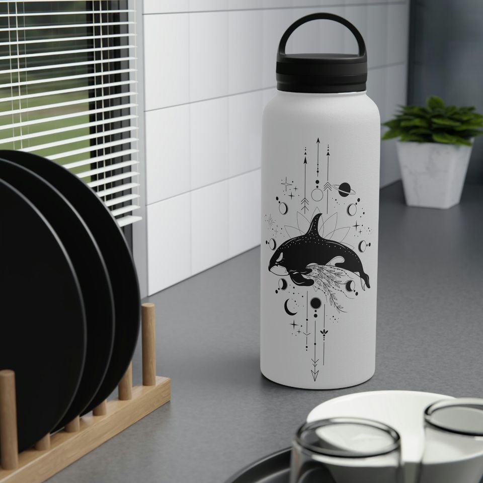 Mystical Orca Whale Stainless Steel Water Bottle, Handle Lid