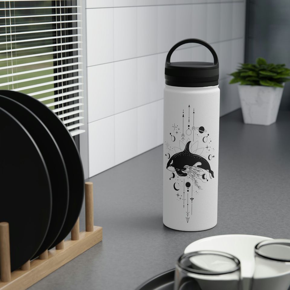 Mystical Orca Whale Stainless Steel Water Bottle, Handle Lid