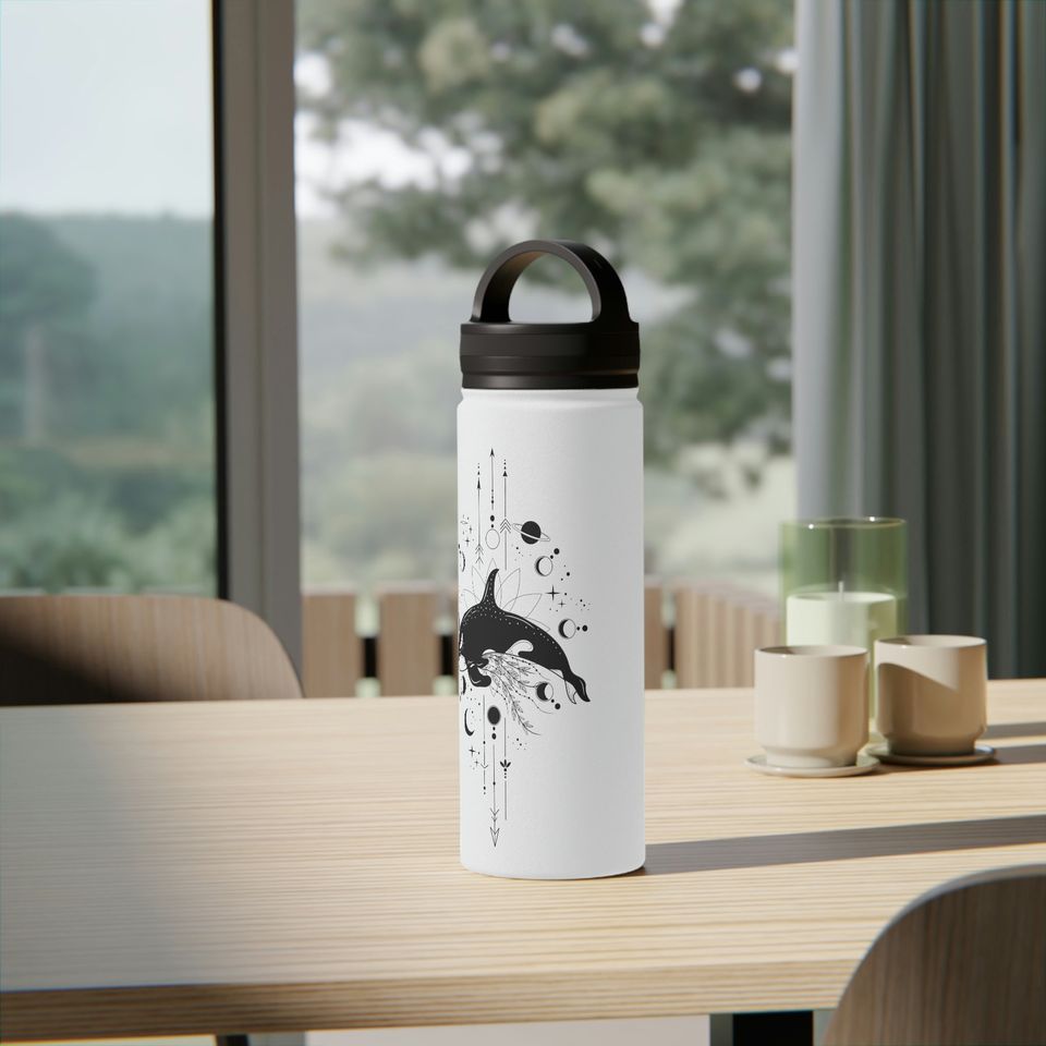 Mystical Orca Whale Stainless Steel Water Bottle, Handle Lid