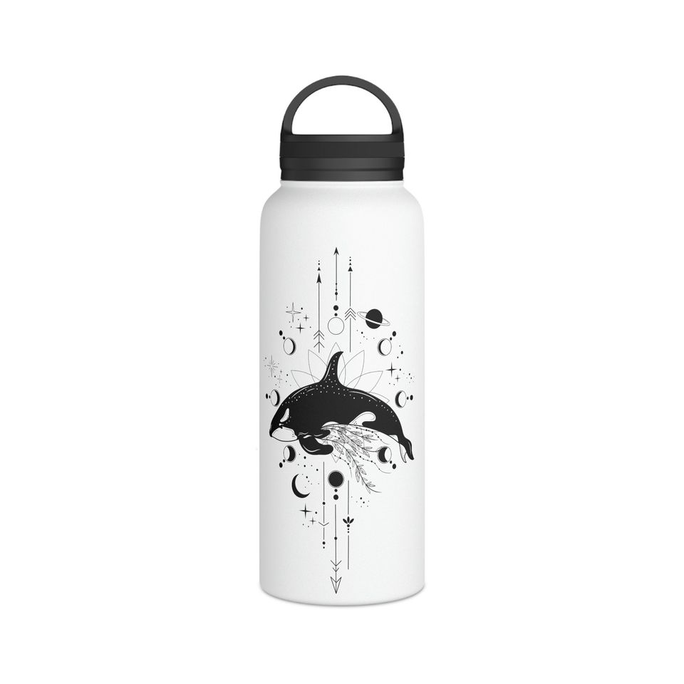 Mystical Orca Whale Stainless Steel Water Bottle, Handle Lid