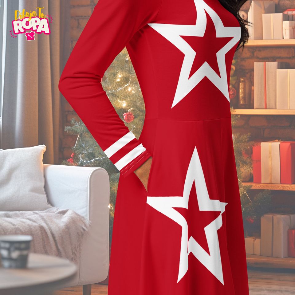 Christmas Midi Dress for Women / Asymmetric Stars / Red / With Pockets / Christmas / Santa Claus