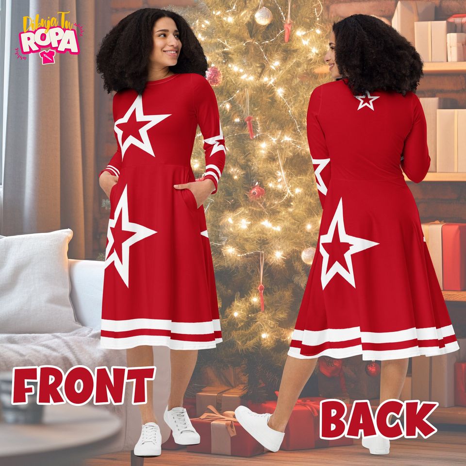 Christmas Midi Dress for Women / Asymmetric Stars / Red / With Pockets / Christmas / Santa Claus