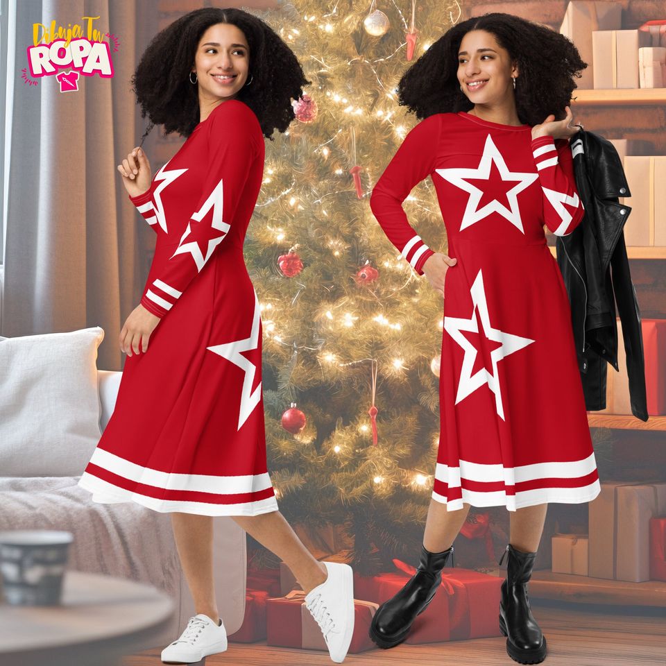Christmas Midi Dress for Women / Asymmetric Stars / Red / With Pockets / Christmas / Santa Claus