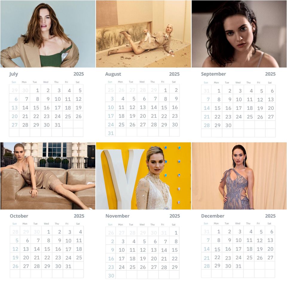 Lily James Wall Calendar 2025 Vol 2 Large, Fan gift , Baby Driver, Darkest Hour, Yesterday