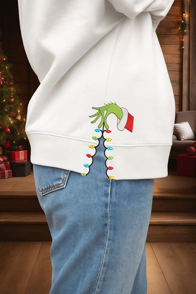 funny character Side Bow Cut-Out Embroidered Sweatshirt, Grin Christmas Shirt, Christmas Bow Embellished Sweater Xmas Gift