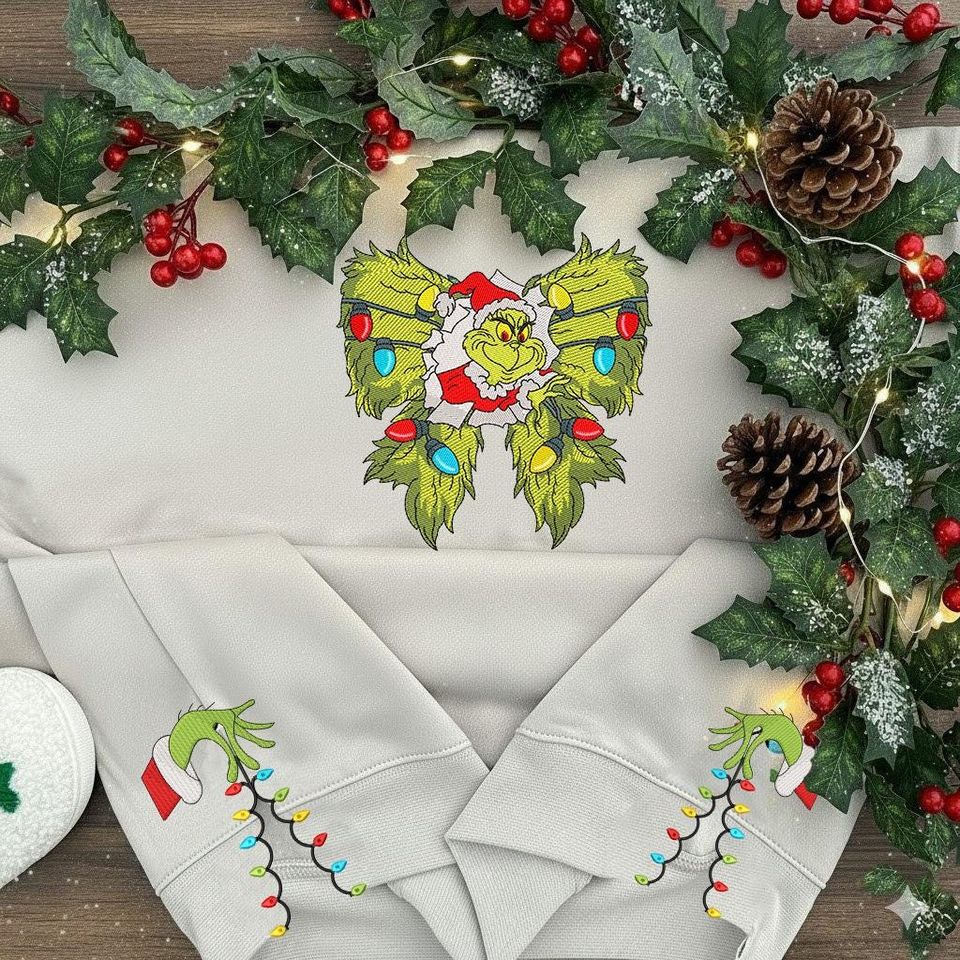 funny character Side Bow Cut-Out Embroidered Sweatshirt, Grin Christmas Shirt, Christmas Bow Embellished Sweater Xmas Gift