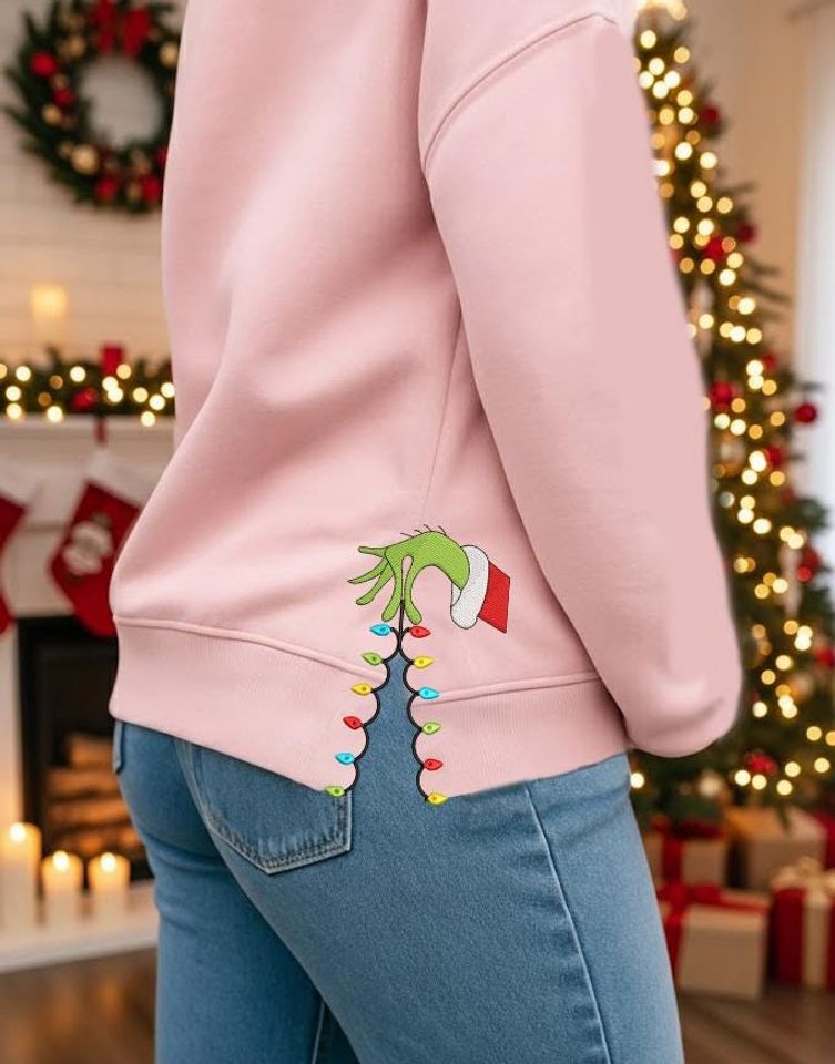 funny character Side Bow Cut-Out Embroidered Sweatshirt, Grin Christmas Shirt, Christmas Bow Embellished Sweater Xmas Gift
