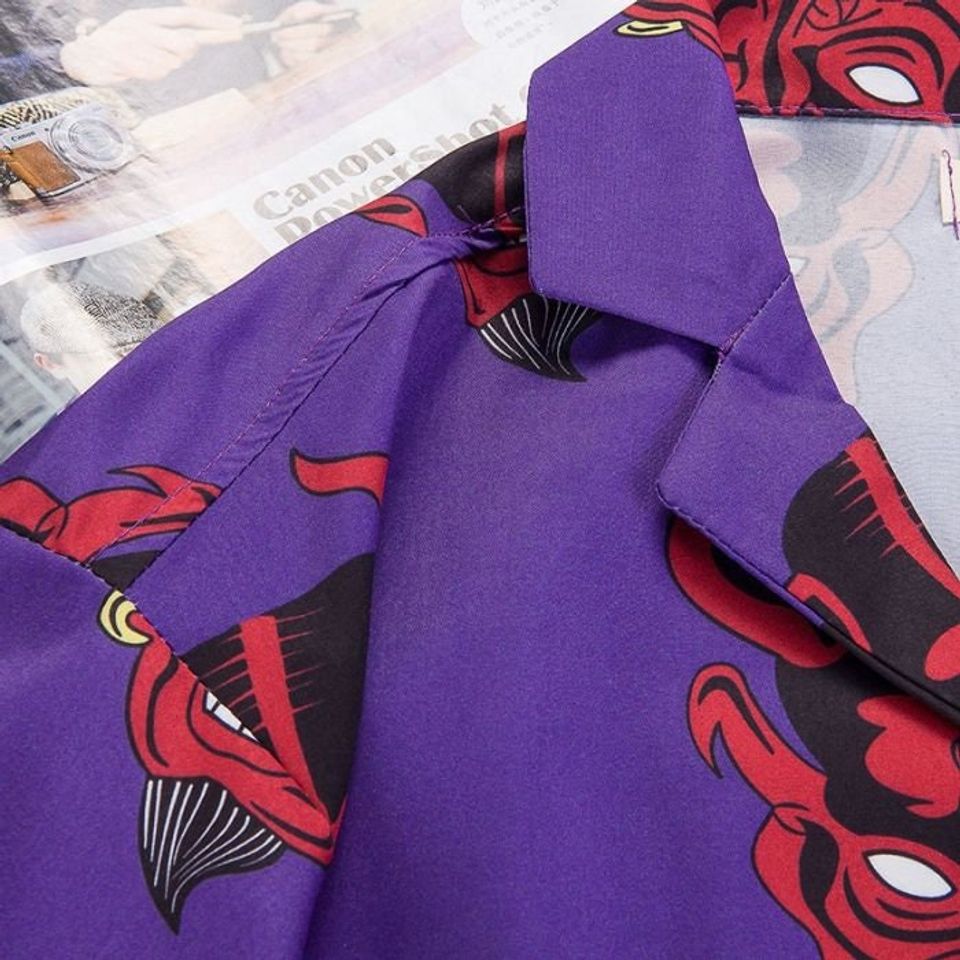 Purple Red Devil Harajuku Oversized Graphic Button Down Hip Hop Hawaiian