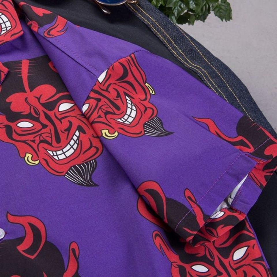 Purple Red Devil Harajuku Oversized Graphic Button Down Hip Hop Hawaiian