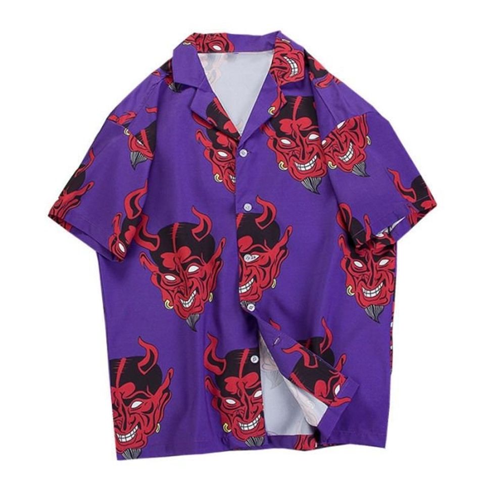 Purple Red Devil Harajuku Oversized Graphic Button Down Hip Hop Hawaiian