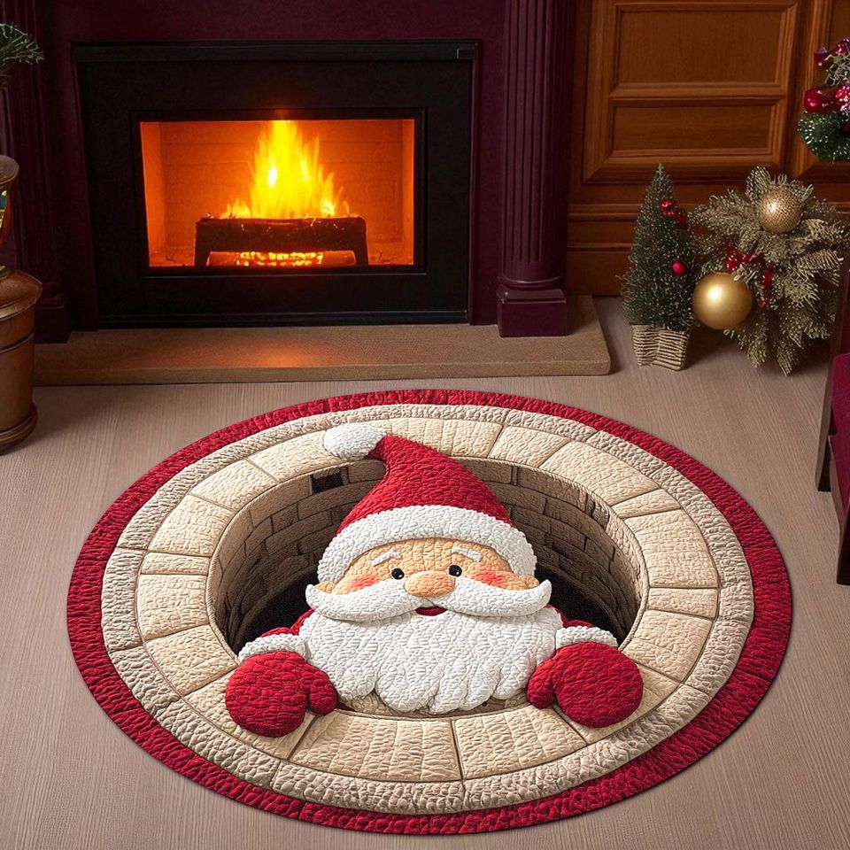 3D Santa Claus Round Christmas Rug, Funny Holiday Chimney Floor Mat