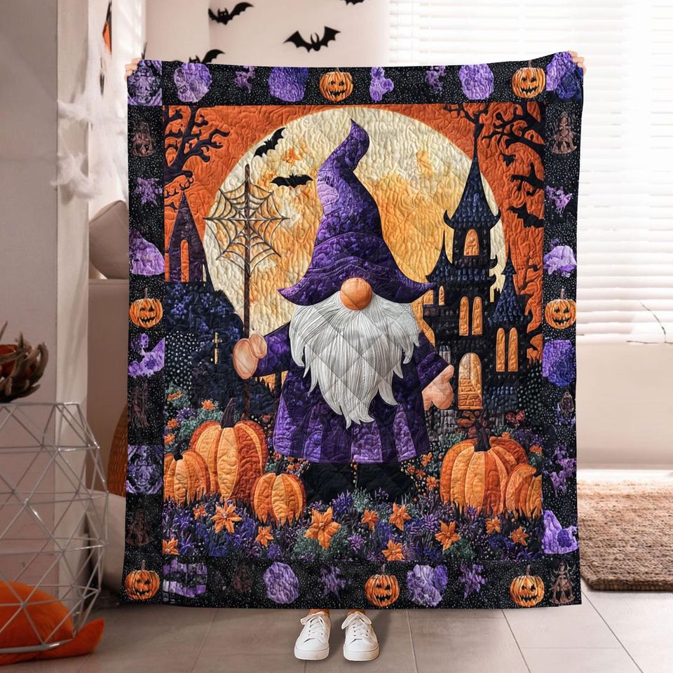 Halloween Gnome Quilt Blanket, Pumpkin Witch Gnome Throw, Spooky Haunted House Bedding, Fall Autumn Decor Gift, Gothic Cozy Bedspread