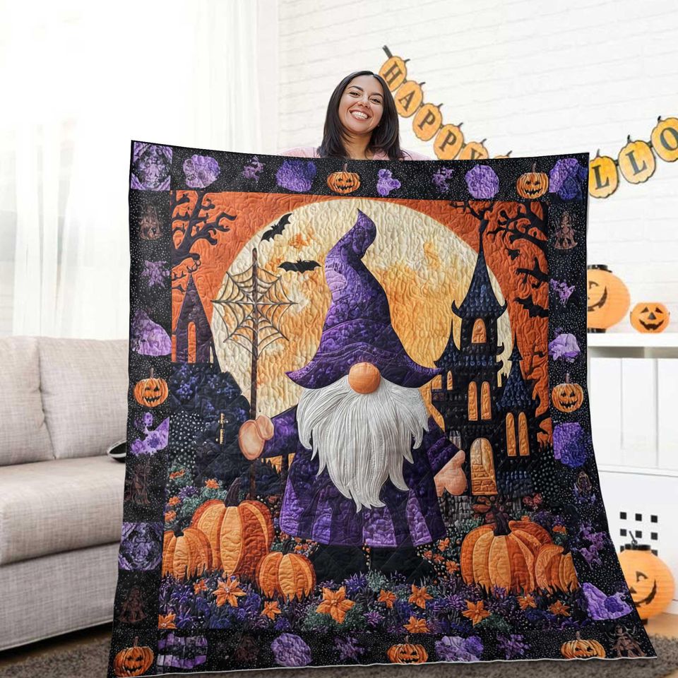 Halloween Gnome Quilt Blanket, Pumpkin Witch Gnome Throw, Spooky Haunted House Bedding, Fall Autumn Decor Gift, Gothic Cozy Bedspread