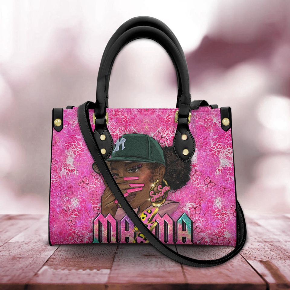 Custom Name Black Mom Leather Bag, Mother's Day Gift
