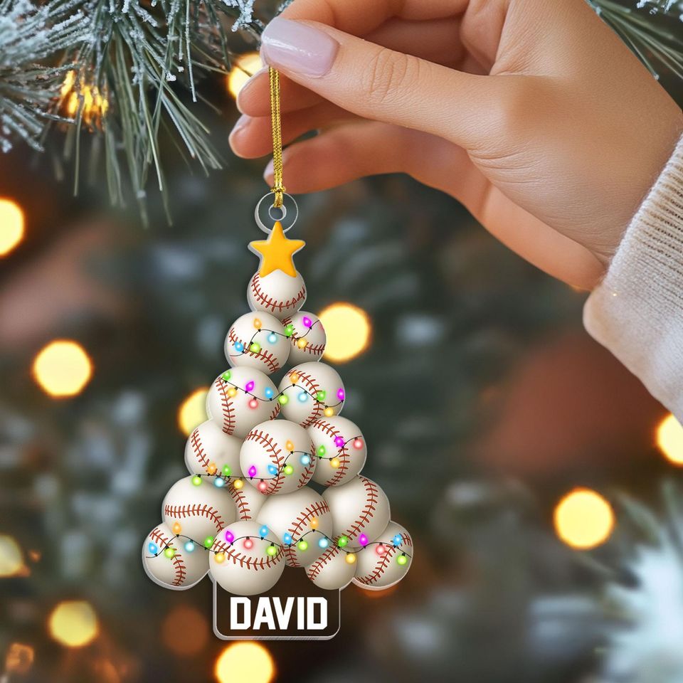 Custom Printed One Side - 2D Flat Christmas Baseball Tree Shape Acrylic Ornament, Christmas Baseball Pine Tree Keepsake Gift
