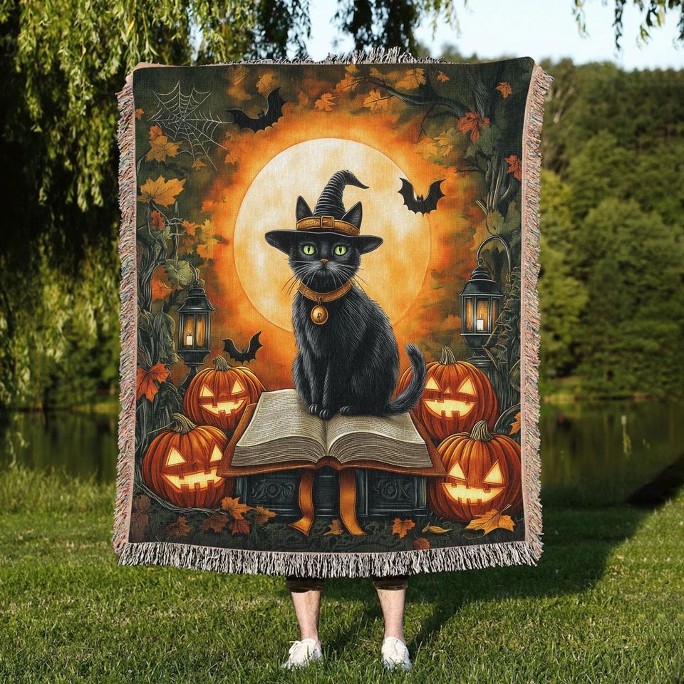 Halloween Woven Blanket, Black Cat Witch Throw Blanket, Pumpkin Jack-o-Lantern Tapestry, Fall Decor for Couch or Bed, Halloween Decor
