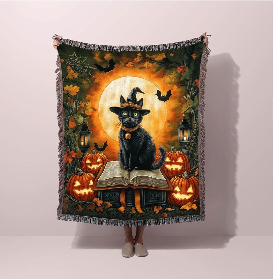 Halloween Woven Blanket, Black Cat Witch Throw Blanket, Pumpkin Jack-o-Lantern Tapestry, Fall Decor for Couch or Bed, Halloween Decor