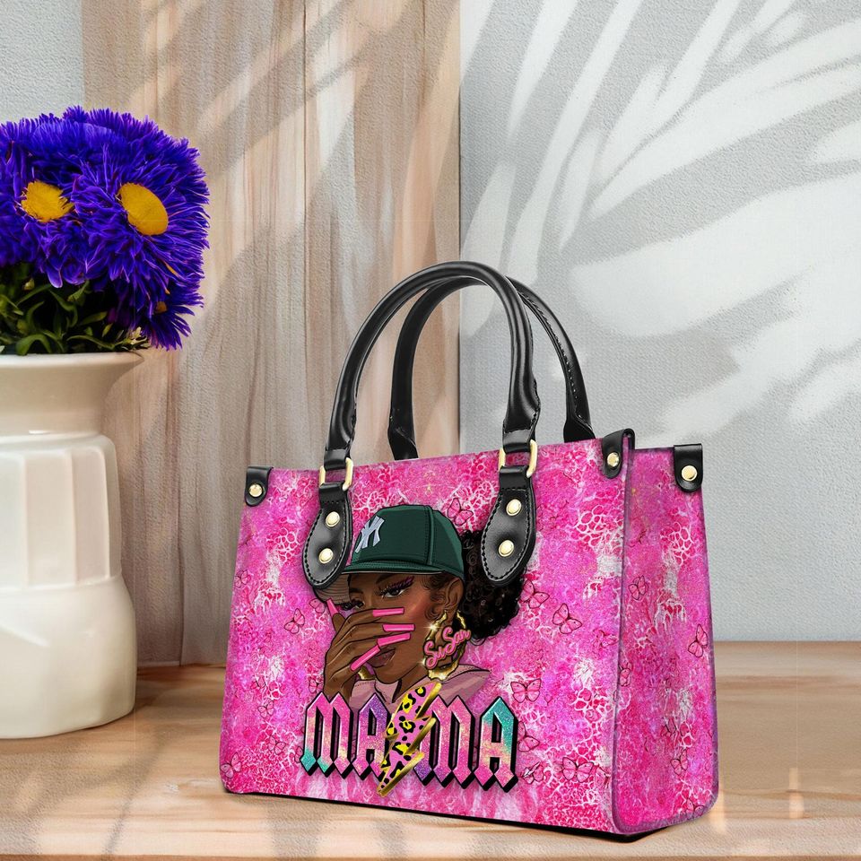 Custom Name Black Mom Leather Bag, Mother's Day Gift
