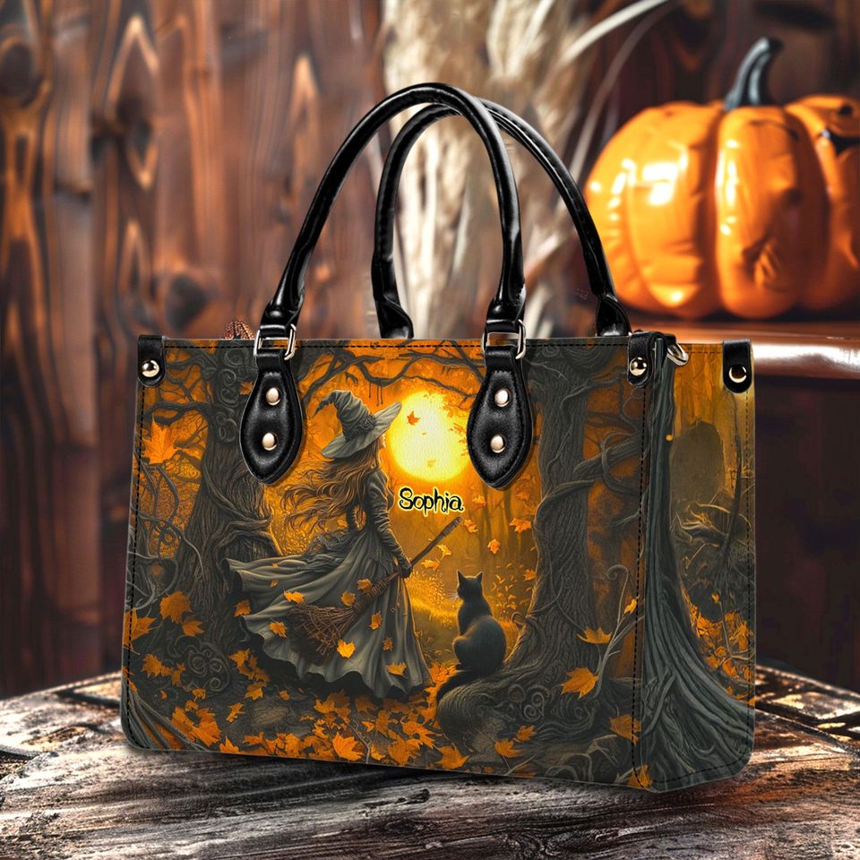 Personalized Gothic Witchy Print Leather Handbag with Handle