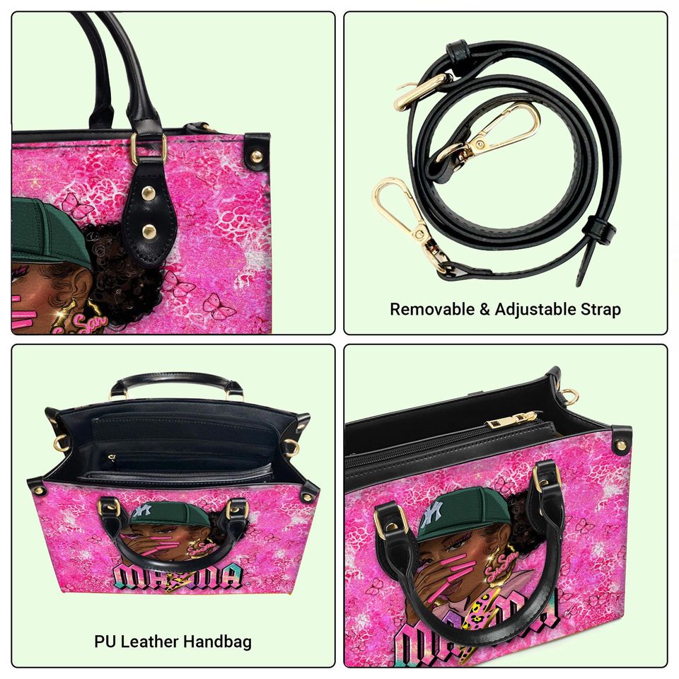 Custom Name Black Mom Leather Bag, Mother's Day Gift