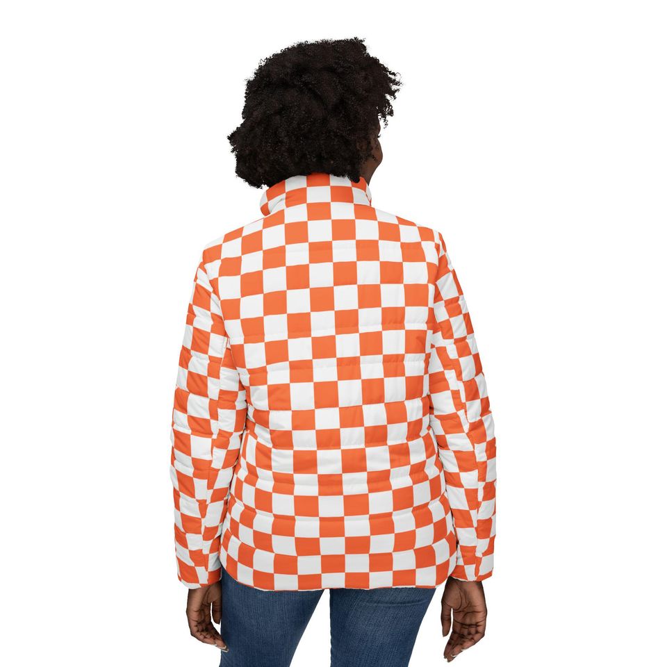 Orange Checkerboard Womens Puffer Jacket