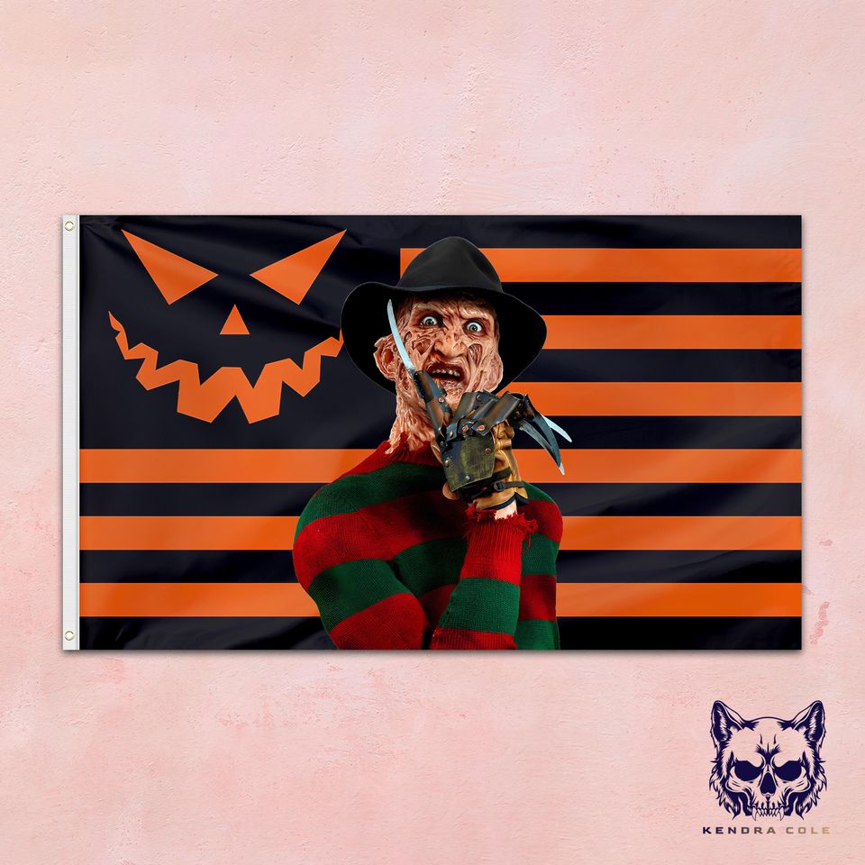 Freddy Krueger Flag  Halloween Horror Tapestry  Nightmare Wall Art  Slasher Movie Decor  Spooky Orange & Black Scary Movie Gift