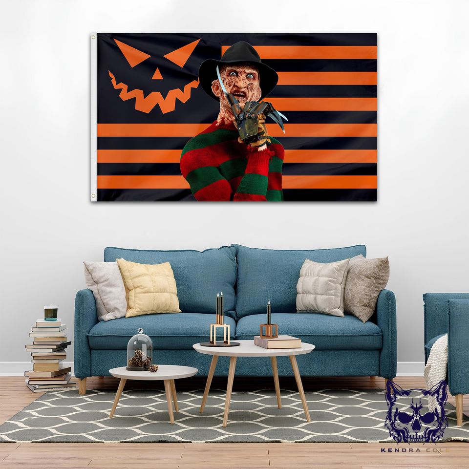Freddy Krueger Flag  Halloween Horror Tapestry  Nightmare Wall Art  Slasher Movie Decor  Spooky Orange & Black Scary Movie Gift