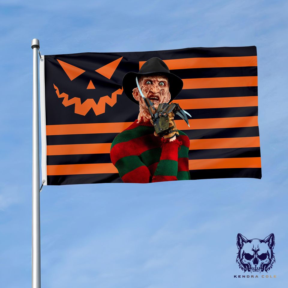 Freddy Krueger Flag  Halloween Horror Tapestry  Nightmare Wall Art  Slasher Movie Decor  Spooky Orange & Black Scary Movie Gift