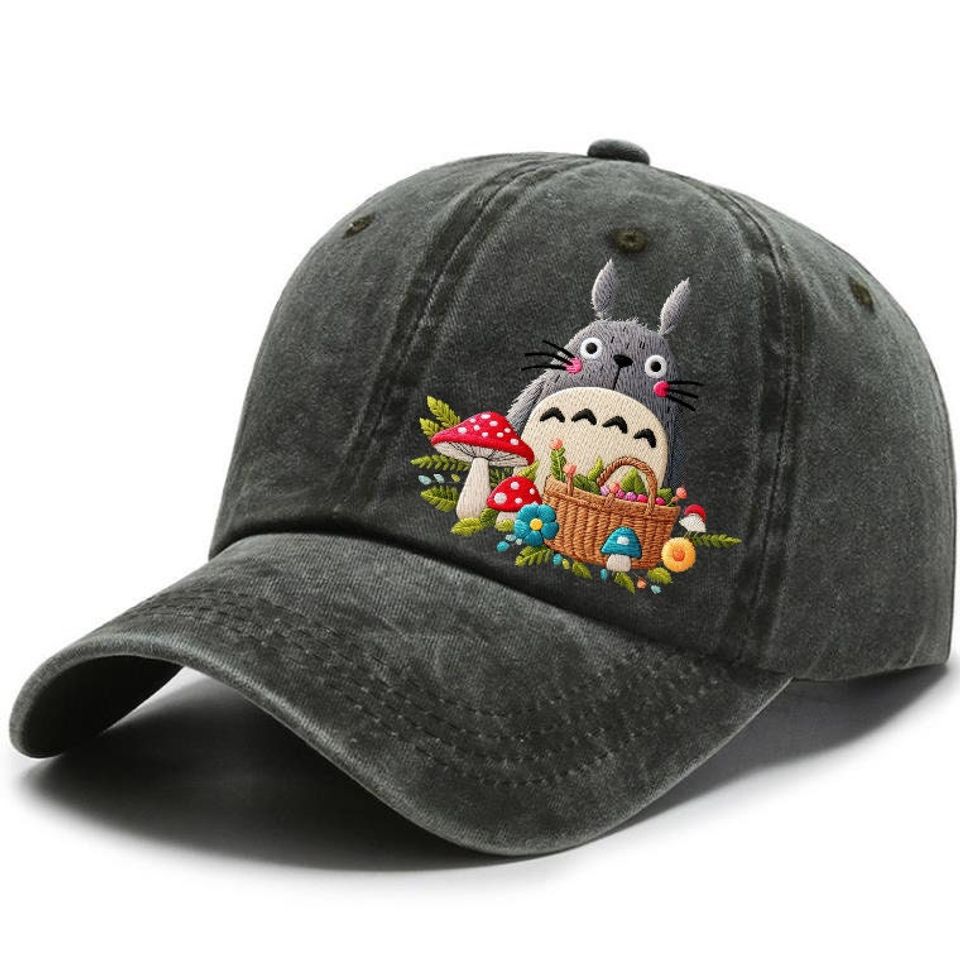 Hand embroidered Totoro cap, Baseball cap embroidered Totoro picking mushroom