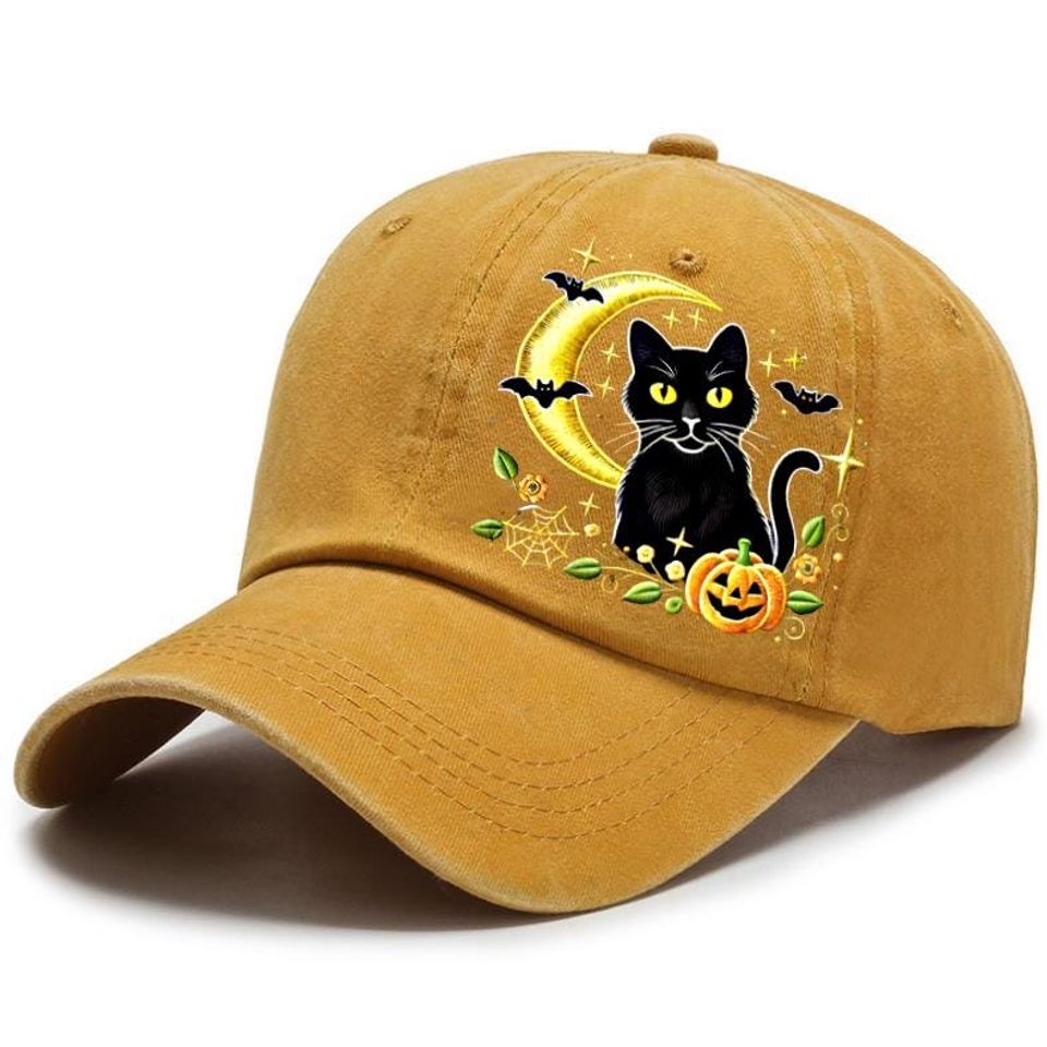 Embroidered Black Cat- Moon Cap, Witchy Halloween Cat Hat, Crescent Moon