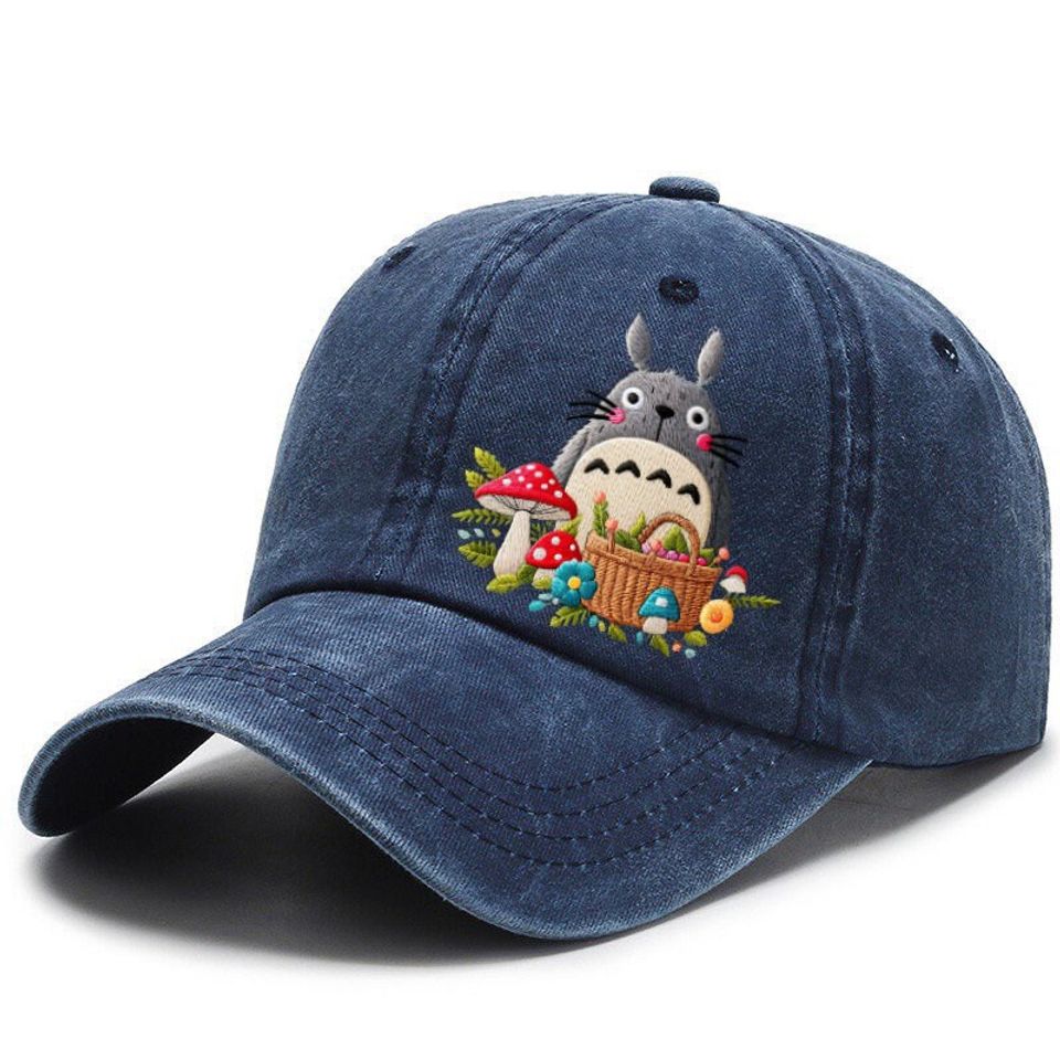 Hand embroidered Totoro cap, Baseball cap embroidered Totoro picking mushroom