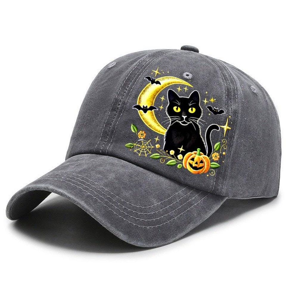 Embroidered Black Cat- Moon Cap, Witchy Halloween Cat Hat, Crescent Moon