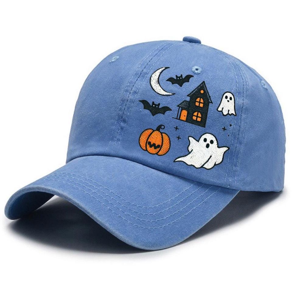 Embroidered Haunted House Cap, Cute Ghosts and Bats Hat