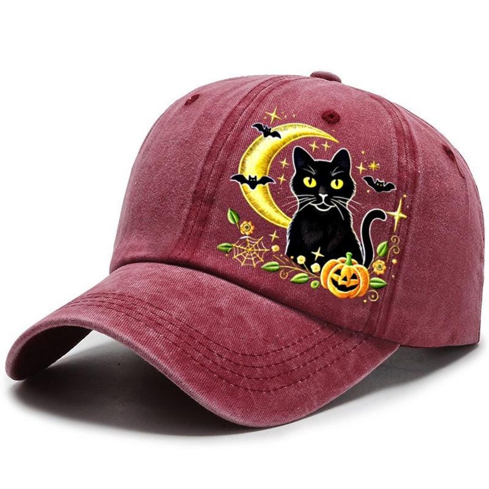 Embroidered Black Cat- Moon Cap, Witchy Halloween Cat Hat, Crescent Moon