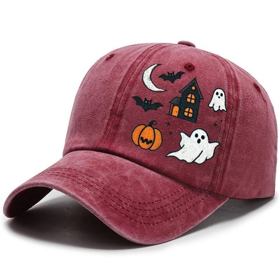 Embroidered Haunted House Cap, Cute Ghosts and Bats Hat
