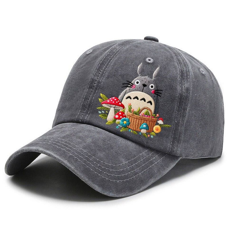 Hand embroidered Totoro cap, Baseball cap embroidered Totoro picking mushroom