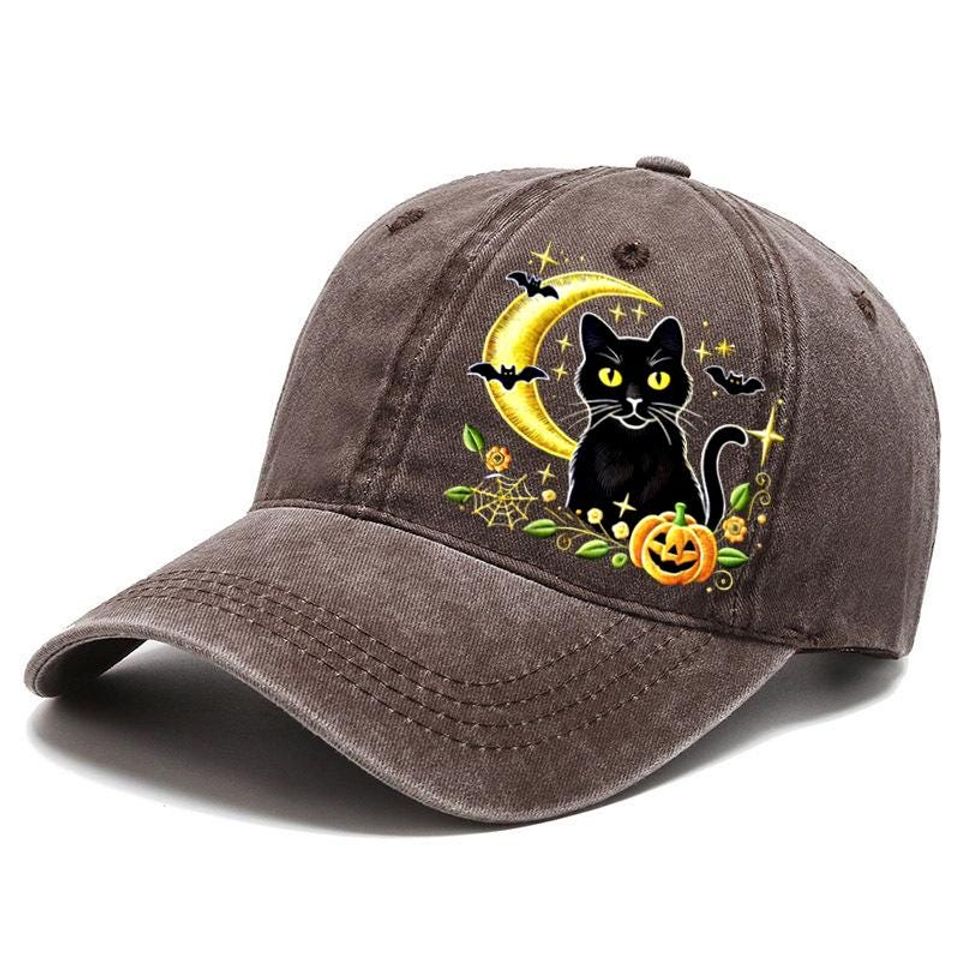 Embroidered Black Cat- Moon Cap, Witchy Halloween Cat Hat, Crescent Moon