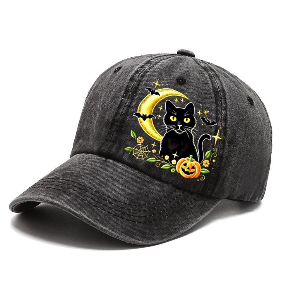 Embroidered Black Cat- Moon Cap, Witchy Halloween Cat Hat, Crescent Moon