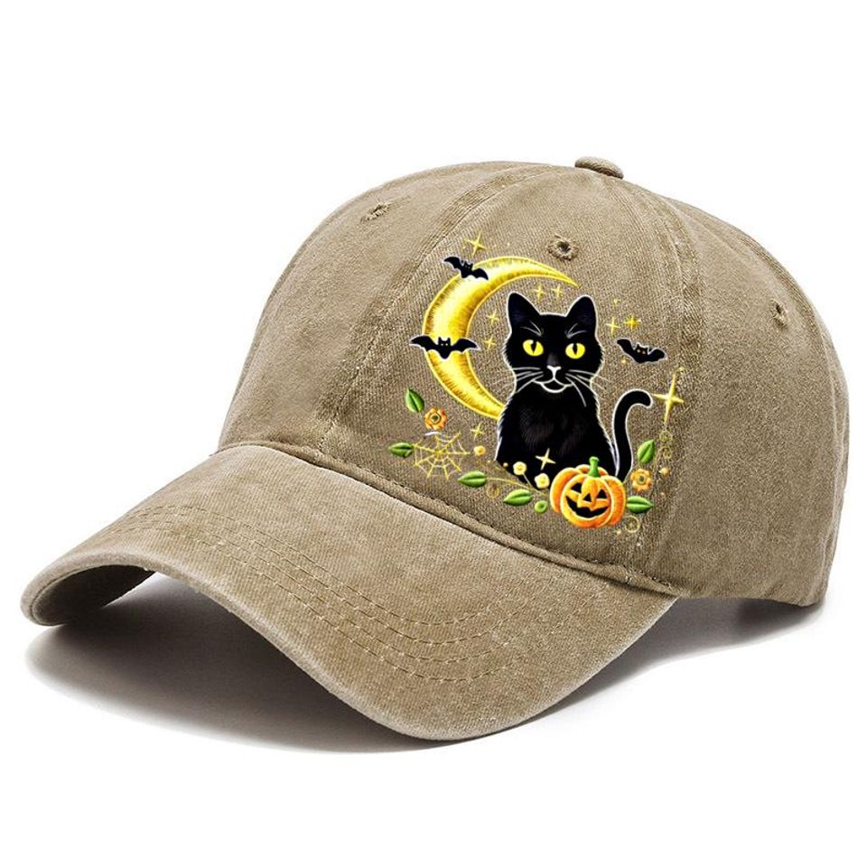 Embroidered Black Cat- Moon Cap, Witchy Halloween Cat Hat, Crescent Moon
