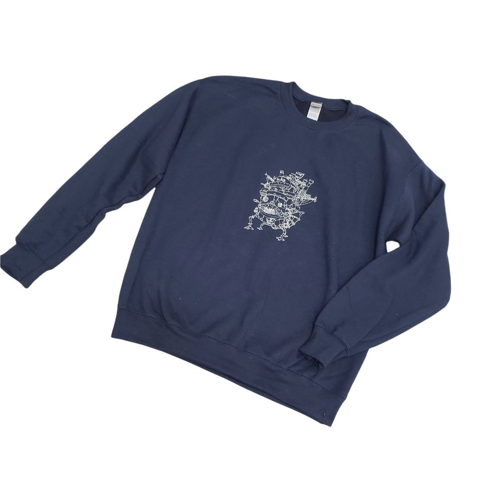 Anime Fantasy Castle Embroidered Sweater Sweatshirt Navy Blue