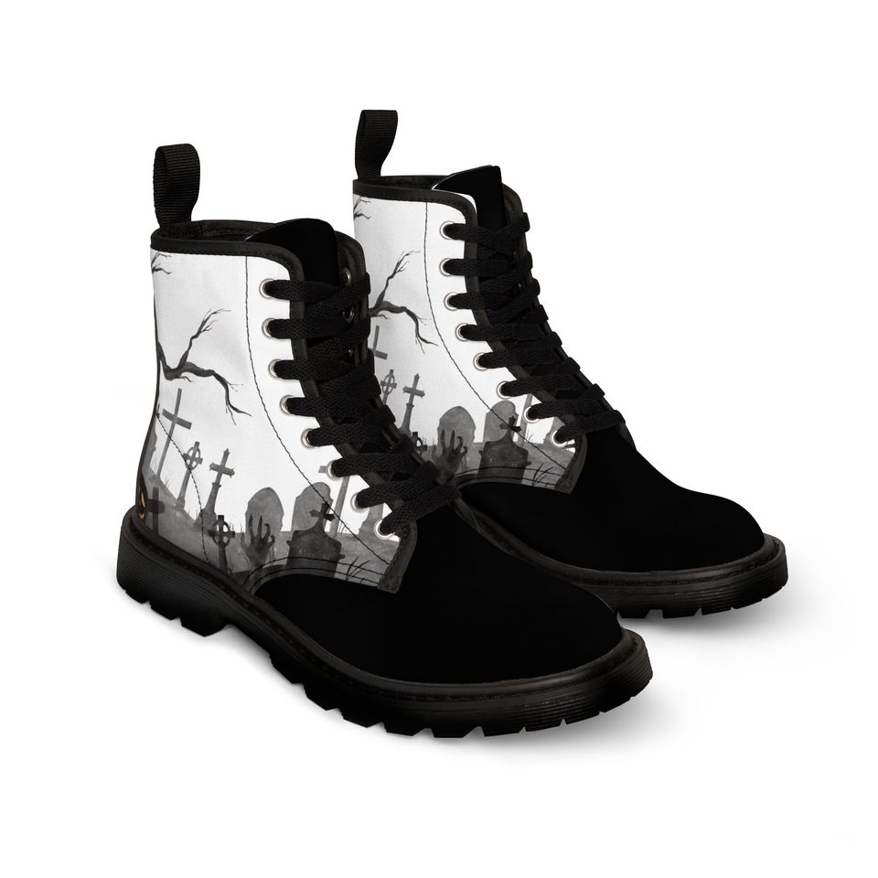 Women's Halloween Canvas Boots - Graveyard Design, Trendy & Comfortable, Perfect Fall Fashion
